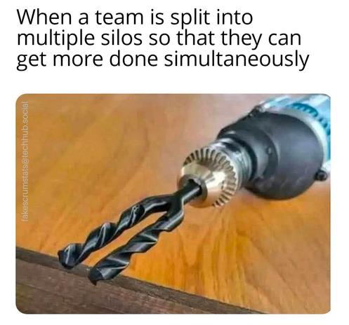 Picture of a drill with a double drill bit

Caption: When a team is split into multiple silos so that they can get more done simultaneously