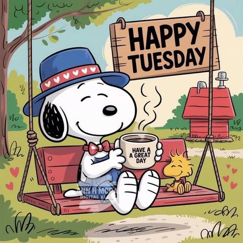 Snoopy (mit Kaffeebecher) und Woodstock sitzen auf einer breiten roten Schaukel unter einem Baum. Snoopy trägt eine blaue Latzhose, eine rote Fliege und einen blauen Sonnenhut mit rotem Herzchenband. 
Sie wünschen Happy Tuesday, auf der Tasse steht: have a great day.