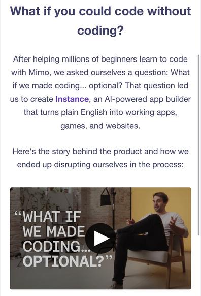 Screencap of a promotional email from mimo. The headline asks: “What if you could code without coding?“