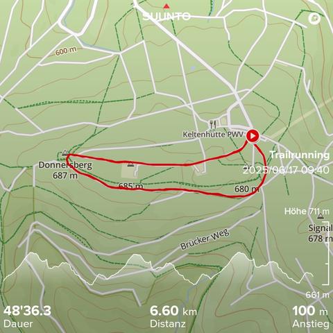 Karte vom Donnersberg mit meinem Lauf.

6,6 km mit 100 Höhenmetern in 49 Minuten