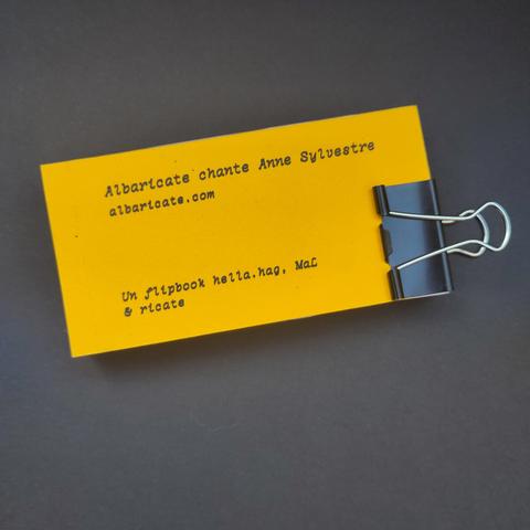 Photographie de la quatrième de couverture du Flipbook, avec les textes Albaricate chante Anne Sylvestre', 'albaricate.com', 'Un flipbook hella.hag, MaL & ricate'