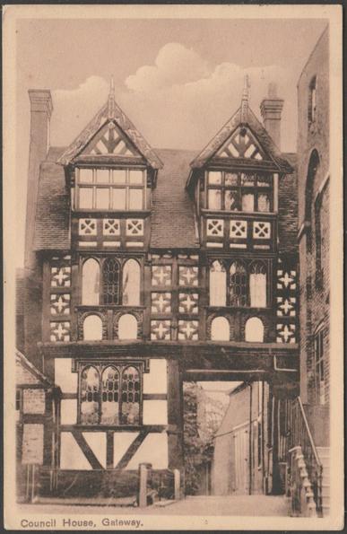 Printed sepia postcard showing a view of the gateway of the Council House at Shrewsbury in Shropshire.

Published by J Owen, Shrewsbury, not numbered.

Postally used on 20 April 1919 with Shrewsbury cancellation on red one penny stamp and sent to Mrs P. Sykes, Surgical Home, Bradley Lane, Huddersfield.

Very good condition, with very slight corner bumps.