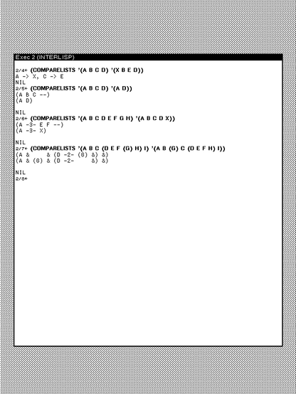Screenshot of a portion of the black and white desktop of a 1980s graphical workstation environment. The desktop has a gray background pattern and one window with a white background and a title bar with white text on a black background. The window is a Lisp REPL where the following expressions are evaluated, output printed, and values returned:

2/9_ (COMPARELISTS '(A B C D) '(X B E D))
A -> X, C -> E
NIL
2/10_ (COMPARELISTS '(A B C D) '(A D))
(A B C --)
(A D)

NIL
2/11_ (COMPARELISTS '(A B C D E F G H) '(A B C D X))
(A -3- E F --)
(A -3- X)

NIL
2/12_ (COMPARELISTS '(A B C (D E F (G) H) I) '(A B (G) C (D E F H) I))
(A &     & (D -2- (G) &) &)
(A & (G) & (D -2-     &) &)

NIL