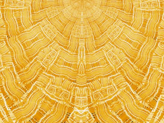 fractal image in warm yellows and whites. Repeating wavy woven patterns radiating from an upper central point , a bit like a sunset/sunrise.