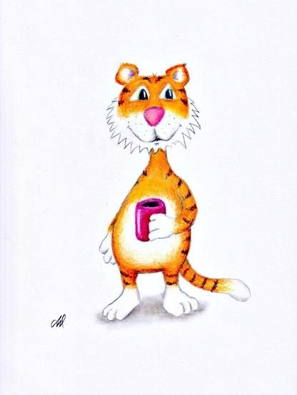 The image features a cartoon-style drawing of a tiger standing upright on its hind legs. The tiger has a cheerful expression with large, expressive eyes and a pink nose. Its fur is predominantly orange with black stripes, and it has a white underbelly and a white mane around its neck. The tiger is holding a pink mug with his left paw, suggesting a relaxed or content demeanor. The tiger's tail is striped and extends to the right side of the image. The background is plain white, emphasizing the tiger as the central figure. The artist's signature is visible in the bottom left corner of the image.

Provided by @altbot, generated privately and locally using Ovis2-8B

🌱 Energy used: 0.153 Wh