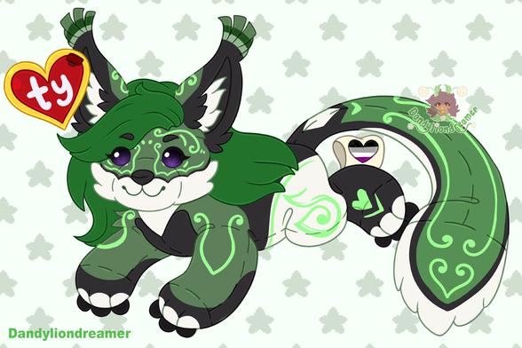a jex fursona redesigned to look like a cutie patootie beanie baby

shes overall green with dark grey, white, and light green accents

she has green hair, black ears with white inner tufts

her heart tag says TY and on the leg tag there is the asexual heart
