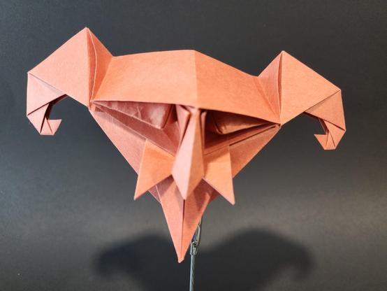 Une tête "de diable" en origami, maintenue par une pince verticale. Elle a une paire de cornes qui tournent en fractale. Ses yeux globuleux ressortent de l'intérieur du modèle. Elle a une moustache et une barbe pointue.