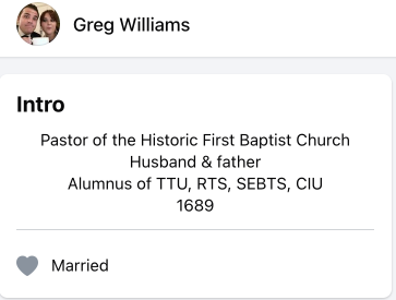 A social media profile card for Greg Williams, who is identified as the pastor of the Historic First Baptist Church. The card includes details about his family status as a husband and father, as well as educational affiliations with TTU, RTS, SEBTS