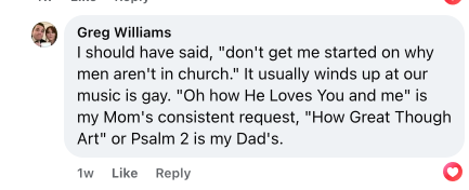 A comment from a user named Greg Williams discussing personal family dynamics related to church and music preferences, mentioning specific songs associated with his parents.