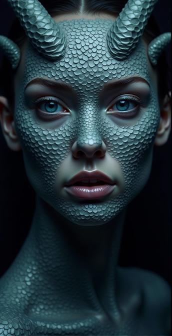 The image depicts a close-up of a person's face, which is intricately covered with dragon scales. The person has dragon eyes, and their lips are slightly parted and has two dragon horns. The background is dark, with subtle hints of blue and gray, enhancing the overall futuristic and digital aesthetic.