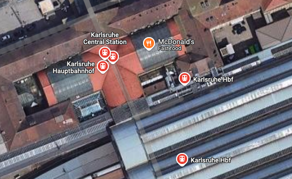 Map screenshot of Karlsruhe train station, with multiple labels in slightly different places for Karlsruhe Hbf