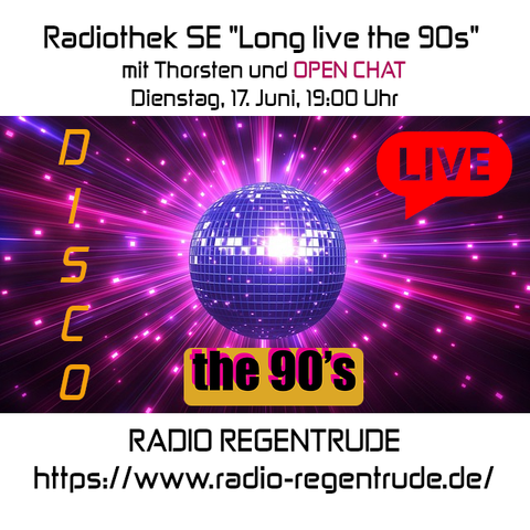 ext Sendungsplakat:

🇩🇪 Plakat zur heutigen Radiosendung Radiothek SE "Long live the 90s". Bild (ohne Text): Pixabay, kein Bildquellennachweis erforderlich.

🇬🇧 Poster with details of today's radio show Radiothek SE "Long live the 90s", Image (without text): Pixabay, no image creds needed.