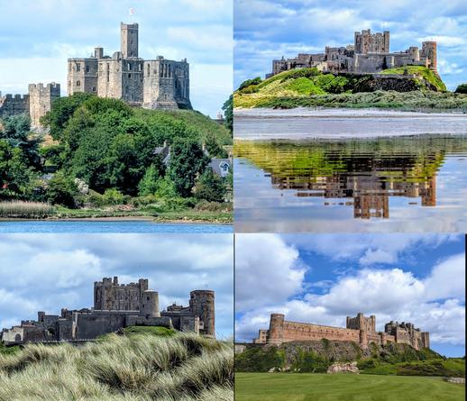 Composite of 4 images of the castles at Warkworth and Bamburgh in Northumbria