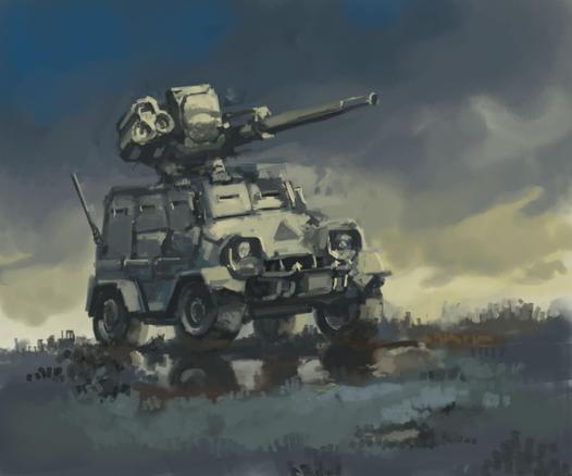 Digital painting of small armored car with large cannon, radar and missile pack turret