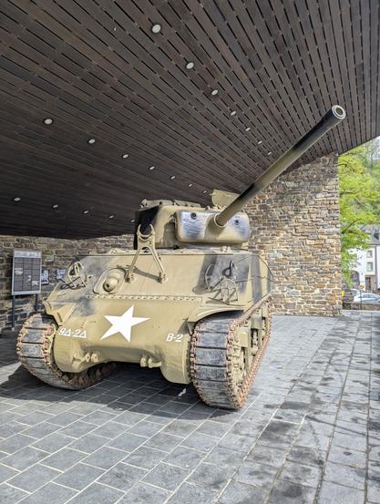 A U.S. Sherman tank that participated in the battle for Clervaux on display in Clervaux.