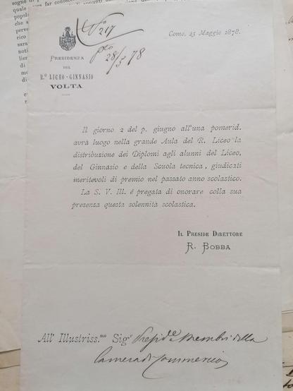 Invito mandato dal Regio Liceo Ginnasio Volta alla Camera di Commercio di Como il 25 maggio 1878