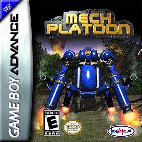 Box art for the GBA game Mech Platoon.
It prominently features a large Blue Mech with 4 rocket powdered legs, two large cannons also appear on its sides.