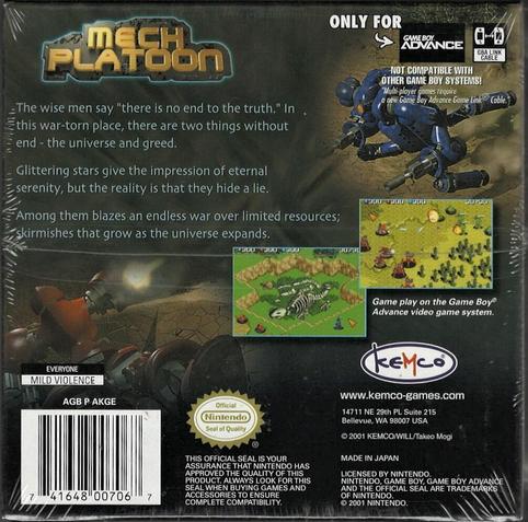 A picture of the back of the box of Mech Platoon.
The game synopsis on the back says

"The wise men say 'that there is no end to the truth'. In this war torn place, there are two things without end - the universe and greed"

"Glittering stars give the impression of Eternal serenity, but the reality is that they hide a lie"

Among them blazes an endless war over limited resources; skirmishes that grow  as the universe expands"