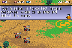 A screenshot from Mech Platoon for GBA.
In a dirt plain, there are three little red and grey robots with little grabby arms.

The text at the top of the screen says: "Your mission is to collect natural resources, organise an army and defeat the enemy"