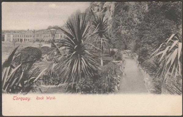 Printed monochrome postcard showing a view of the Rock Walk at Torquay in Devon.

Published by F. Frith & Co Ltd, Reigate, Frith's Series, not numbered [No 38596, photo registered in 1896], c.1905.

Postally unused.

Very good condition, with very slight corner bumps.
