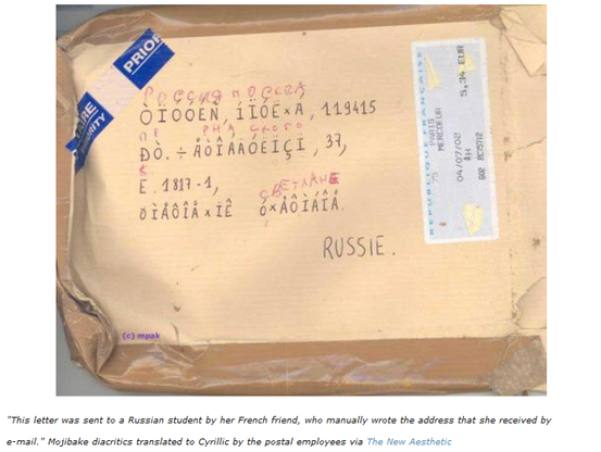 A brown envelope where the address is hand written in Latin alphabet characters with diacritics, with a delivery sticker on it and, painstakingly above the diacritics, someone has transcribed the Cyrillic letter which was supposed to be there.

"This letter was sent to a Russian student by her French friend, who manually wrote the address that she received by e-mail.". Mojibake diacritics translated to Cyrillic by the postal employees via The New Aesthetic