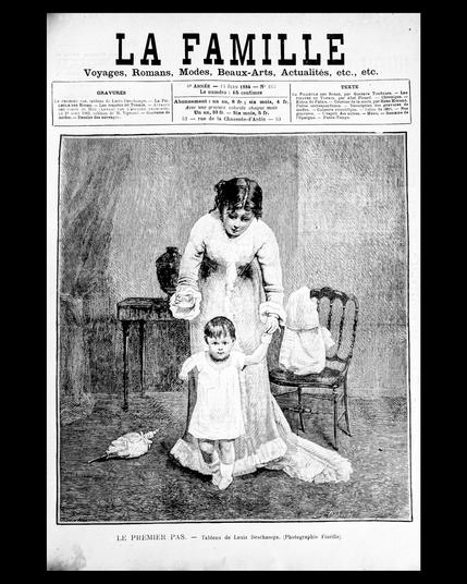 Une du journal la Famille du 15 Juin 1884

La famille

Voyage, romans, Modes, beaux-arts, actualités etc., etc.

Gravures Le premier pas, tableau de Louis Deschamps -la filleule des roses – les pirates du Tonkin – Attaque des forts de Hué (Annam) par l’escadre française, le 18 août 1883, tableau de M. Vigneau – gravures de mode – dessins des ouvrages.

6e année - 8 Juin 1884 – n°245 Le numéro : 15 centimes

Abonnement : un an, 8fr ; six mois, 4fr.

Avec une gravure colorié chaque mois : Un an, 10 fr. ; six mois 5 fr.

53 52 – rue de la chaussée d’Antin – 53

Texte

La filleule des roses par Gustave Toudouze – Les pirates du Tonkin, par Abel Picard – chroniques – échos du Palis. Courrier de la mode, par Rose Morand. Petite correspondance. – description des gravures de mode. Causerie scientifique. – Salon de 1884 – nos gravures. – l’esprit des autres – menu – semaine de l’épargne – passe-temps.

Gravure : Le premier pas – tableau de Louis Deschamps. (photographie Fiorillo)

Gravure d'une statue de femme bourgeoise du XIXe siècle en train de tenir la main de son enfant qui est en train de faire son premier pas. Il y a aussi une chaise et une table en arrière plan, ainsi qu’une poupée de chiffon.