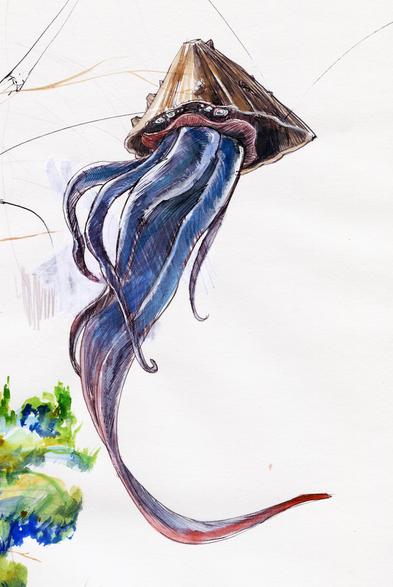 watercolor and ink drawing of a giant barnacle monster with blue tentacles and numerous eyes.