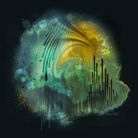 watercolour; an abstract visual on a dark background; the left side is blue with curved droplets going downwards; on the right there's a  patch of yellow, melting and distorting the surrounding area; dark droplets go upwards.