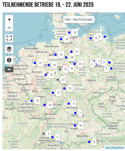Landkarte von Deutschland (via OpensStreetMaps) mit 
den teilnehmenden Betriebe 19. bis 22. Juni 2025