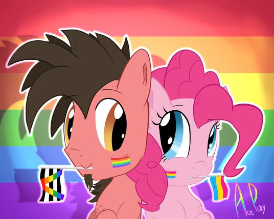 Illustration of MLP ponies Ace Play and Pinkie Pie, set in a pride rainbow background; both are holding pride flags in their mouths; Ace is holding a straight ally flag and has a rainbow pride sticker on his cheek; Pinkie is holding a pansexual flag and has its sticker on her cheek; both are looking at each other, smiling