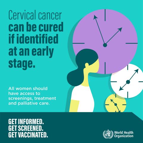 Illustration of a woman standing next to large clock faces. Text reads: “Cervical cancer can be cured if identified at an early stage. All women should have access to screenings, treatment and palliative care.” A call to action at the bottom says: “Get informed. Get screened. Get vaccinated.”