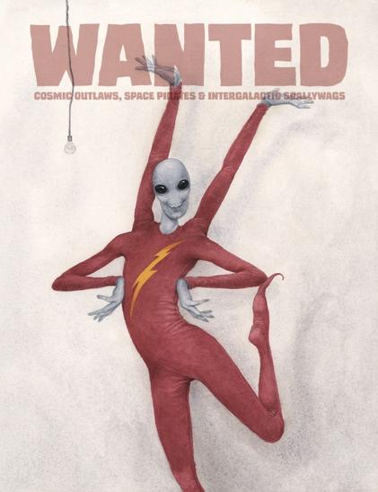 a leggy alien with four arms is striking a fancy pose while wearing a skin tight unitard with an orange lightning stripe on the chest.