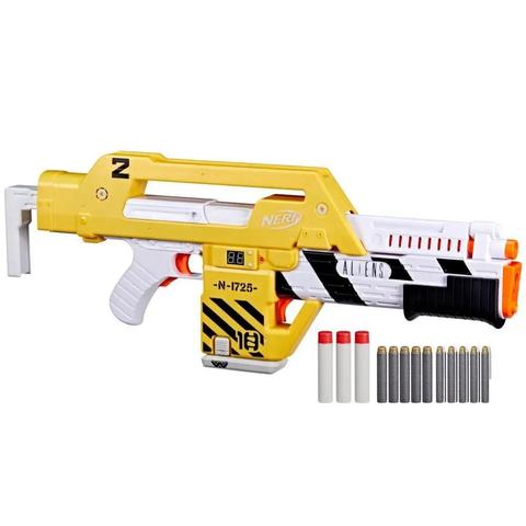 A Nerf Gun based off the M41A Pulse Rifle from the film Aliens.
It is yellow and white, with an Aliens logo on the barrel.