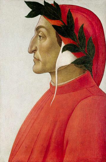 Ritratto di dante: il dipinto ce lo mostra di profilo, con il celebre naso aquilino, una veste rossa, un berretto rosso che pende sul collo e, ovviamente, una corona d'alloro sul capo. Il poeta ha l'espressione seria e concentrata
