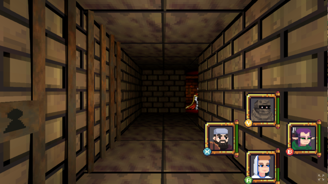 A corridor with an opened grated and a sprite weakly illuminated with a red light in the far end