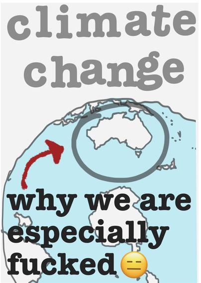 The cover of a zine that has the earth showing Australia, with an arrow to it. It says climate change, why we are especially fucked
