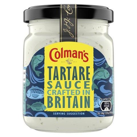 A jar of Coleman's Tartare Sauce.
The label contains illustrations of live fish swimming in the sea, with the words "serving suggestion" at the bottom