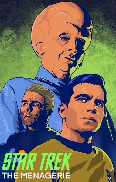 A poster for the Star Trek episode The Menagerie, featuring a large headed alien Talosian in the background, and Capt Pike and Capt Kirk in the foreground.