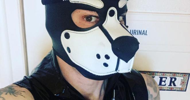 Ein Mann mit einer schwarz-weißen Hundemaske.