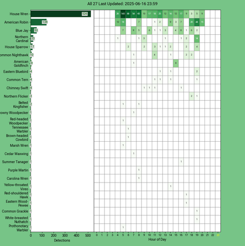 Chart generated by BirdNET-Pi with rows of all detected birds for Monday, June 16, 2025 in decending order.  The first large column displays a bar chart of relative frequency; the 24 reamaining columns create cells with the bird count for each hour of the day shaded by relative count.