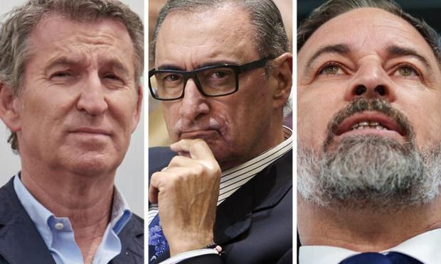 El líder del PP, Alberto Núñez Feijóo; el periodista de COPE Carlos Herrera y el dirigente de Vox, Santiago Abascal; en sendas imágenes de archivo. (Getty Images)