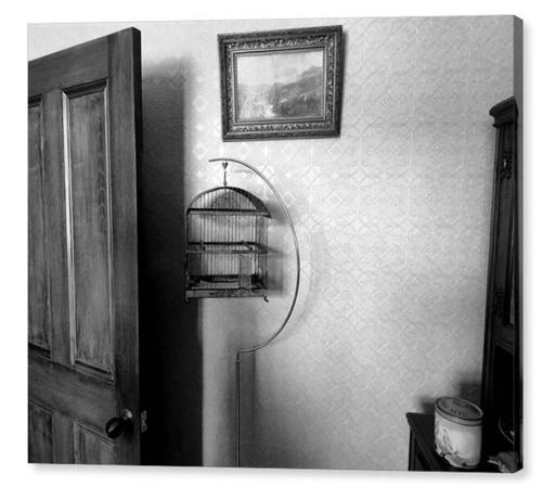 Vintage looking black and white photograph showing a bird cage on a stand with the cage door open.  The image is shown printed upon a block canvas.