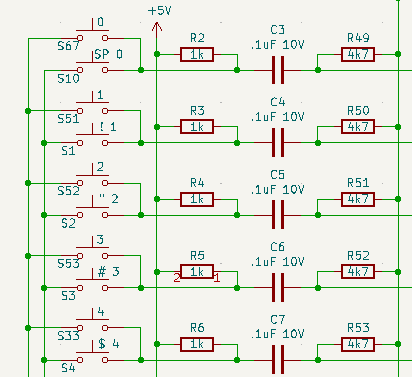 Keyboard schematic showing keypad and top row keyswitches parallelled.
