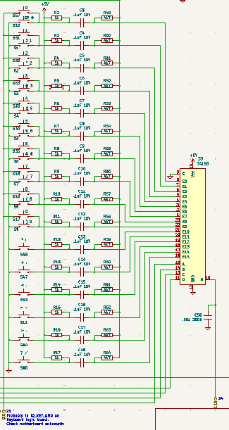 Slightly zoomed out keyboard schematic showing the other side of top row switches connected to ground, and keypad numbers connected to SIO.