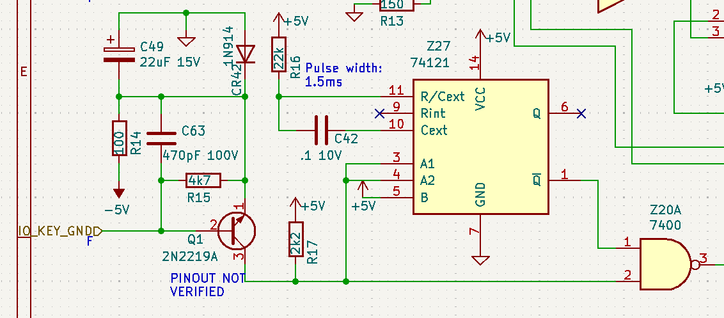 Section of the keyboard logic schematic. On this board SIO is called IO_KEY_GND. It drives the base of a transistor which in turn triggers a 74121 pulse generator.