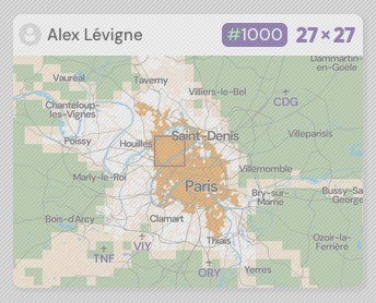 Copie d'écran de l'Übersquadratinho de 27×27 en région parisienne, valant à Alex Lévigne d'être classé 1000e