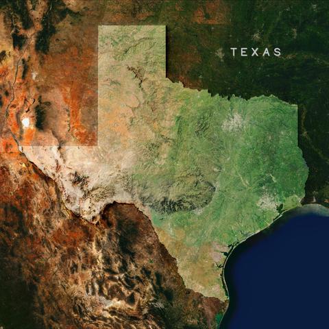 Satellite topographical map of Texas. The state outline is highlighted against a darker background. The image dramatically shows Texas's diverse geography: the arid desert regions of West Texas appear in reddish-brown and tan colors, including the distinctive Big Bend area along the Rio Grande. The Hill Country in central Texas shows as rolling green terrain. Heavily forested, dark green areas characterize East Texas. The Gulf Coast appears as a bright blue line along the southeastern border. The Rio Grande forms the distinctive curved southern border with Mexico. Major urban areas, such as Houston, Dallas, San Antonio, and Austin, are visible as lighter patches. The map effectively illustrates the state's remarkable geographic diversity from desert to forest to coast.