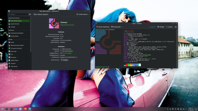 KDE Plasma .6.3.5, Chimera Linux running on a Raspberry Pi5 8GB