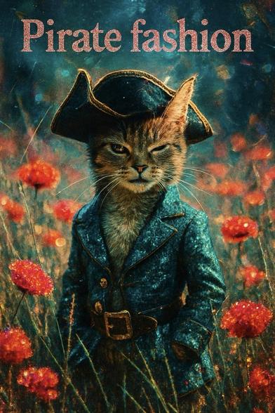 KI-Bild (GPT1 Medium):

Besagte Modebeilage aus dem Magazin. Mit dem Katz auf dem Cover! Sie trägt eine petrolfarbene Piratinnenjacke aus Pailetten und ein passendes dunkelgrünes Piratinnenhütchen mit Goldrand dazu. Das Katz steht keck guckend in einem blühenden Mohnfeld (das haben die Werbetypen dazu retuschiert!). Darüber steht in altrosa Glitzerschrift "Pirate Fashion". Das Katz ist begeistert von den fertigen Fotos und schnurrt jetzt den Rest des Tages.