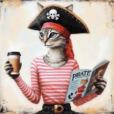 KI-Bild (DALL•E3):

Das Katz macht Kaffeepause. In einer Tatze hält sie einen Kaffeebecher (ja, der wieder ausgespülte und neu befüllte "To go"-Becher). In der anderen Pfote hält sie das Piratinnen-Magazin. Katz schaut vergnügt und etwas versonnen nach links und erinnert sich an die Modeshootings. Hachz!
